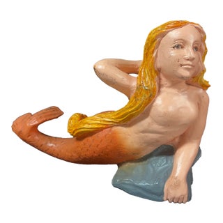 Folk Art Carved Wood Mermaid Sculpture With Gold Haier and Orange Tail and Glass Eyes For Sale