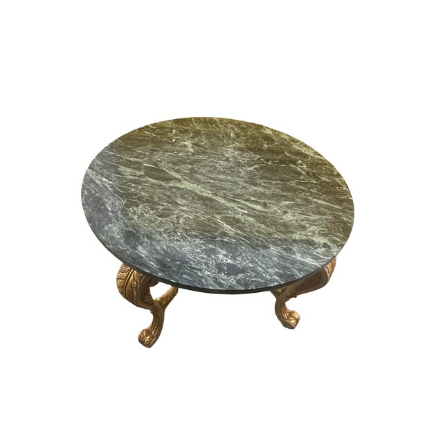 Hollywood Regency Late 20th Century Hollywood Regency Round Green Marble Top Center Table With Gilt Scroll Base For Sale - Image 3 of 9