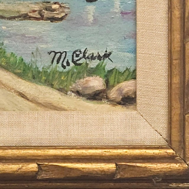 Wood Pair Signed M. Clark Coastal Landscape Oil Paintings in Carved Gilt Frames 18.5" For Sale - Image 7 of 17