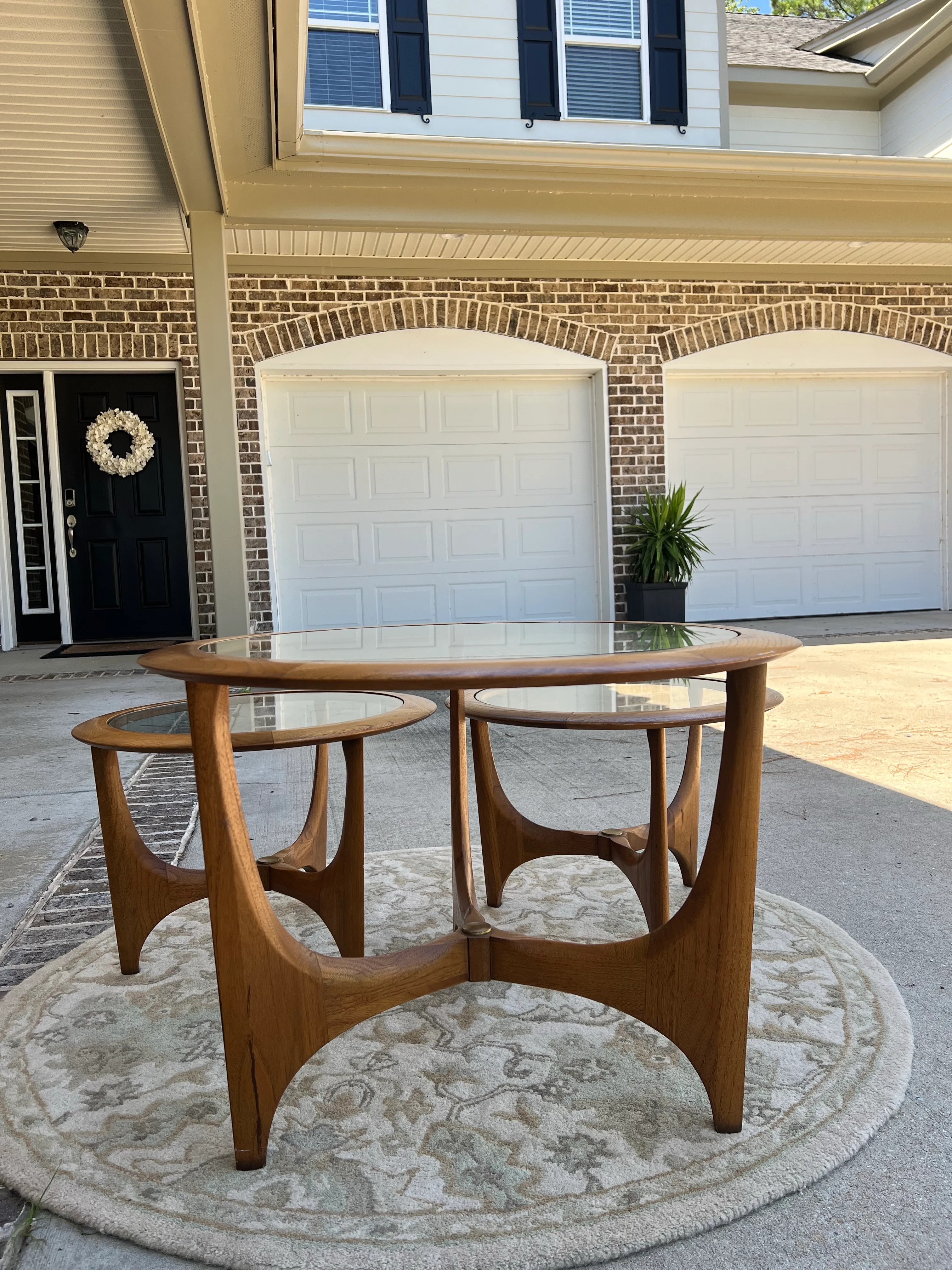 1960s Lane Tripod Trileged Round Beveled Glass Top Table Set of 3