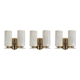 Vintage Enameled Glass, Brass & Nickel Two Light Wall Sconces - Set of Three For Sale