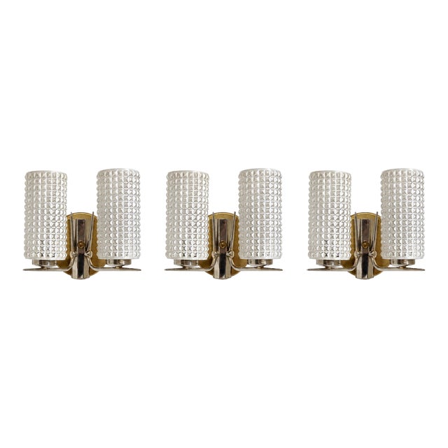 Vintage Enameled Glass, Brass & Nickel Two Light Wall Sconces - Set of Three For Sale