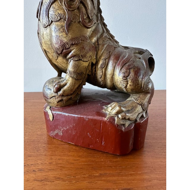 1920s Chinese Red Carved Gilt Wood Foo Dog For Sale - Image 11 of 12
