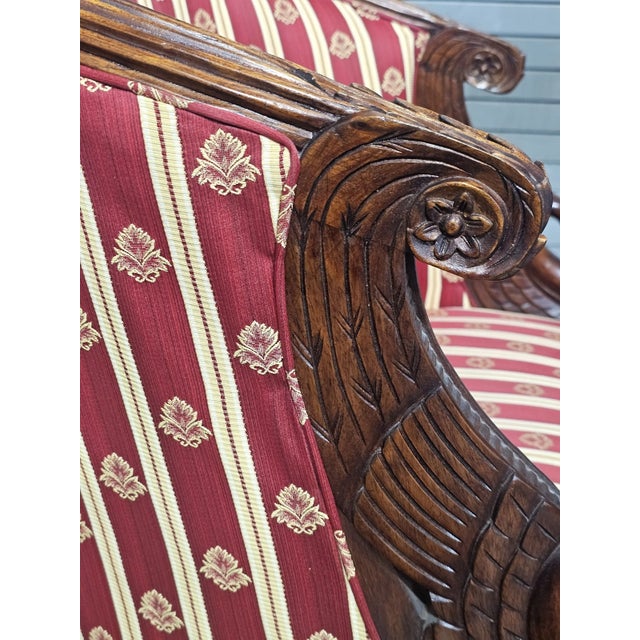 Brown Early 20th Century Pair of English Regency Mahogany Bergeres With Swan Head Carving Red Silk Fabric For Sale - Image 8 of 12