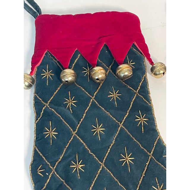 Two gorgeous 20 th c Christmas Stockings embroidered velvet and decorated with Gingle bells.