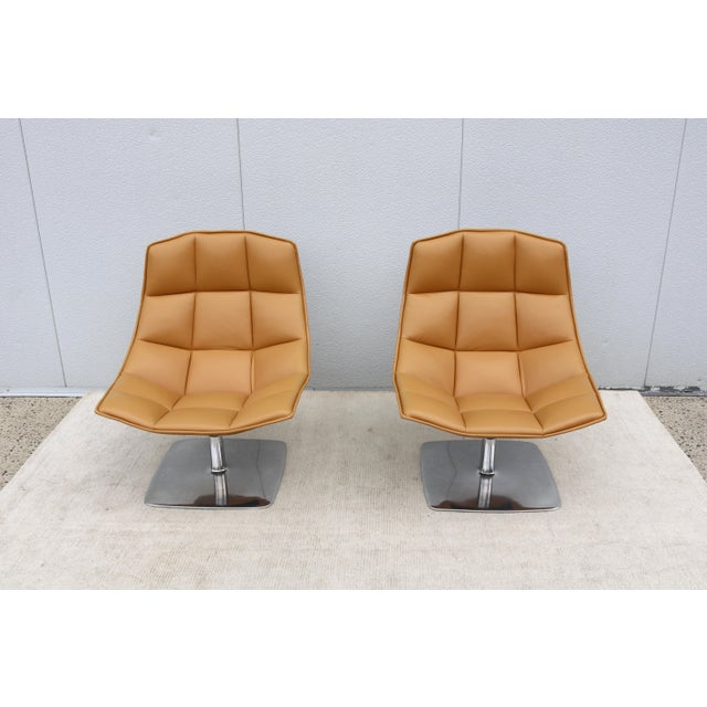 Metal Modern Contemporary Knoll Jehs+Laub Swivel Lounge Chairs in Tan Leather - A Pair For Sale - Image 7 of 18