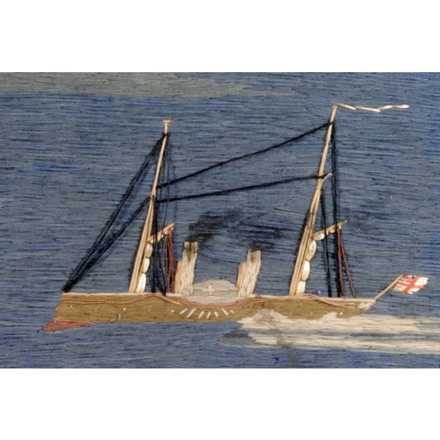 Victorian British Sailor's Woolwork Picture of Five Ships Off a Coastline For Sale - Image 3 of 9