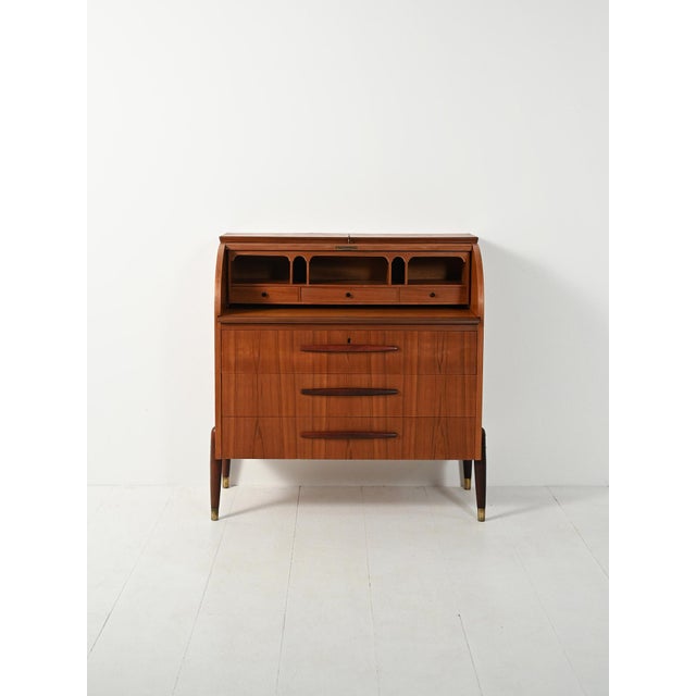 Teak Secretaire with Elongated Carved Handles, 1950s For Sale - Image 11 of 11
