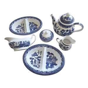 Group of English Blue and White Serving Pieces Blue Willow