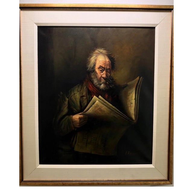 Traditional Mid 20th Century Signed A. Falke Oil Portrait of Man Reading Newspaper, Framed For Sale - Image 3 of 12