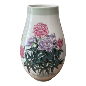 Vintage Large Porcelain Qing Dynasty Famille Rose Hand Painted Peonies Vase With Stylized Calligraphy