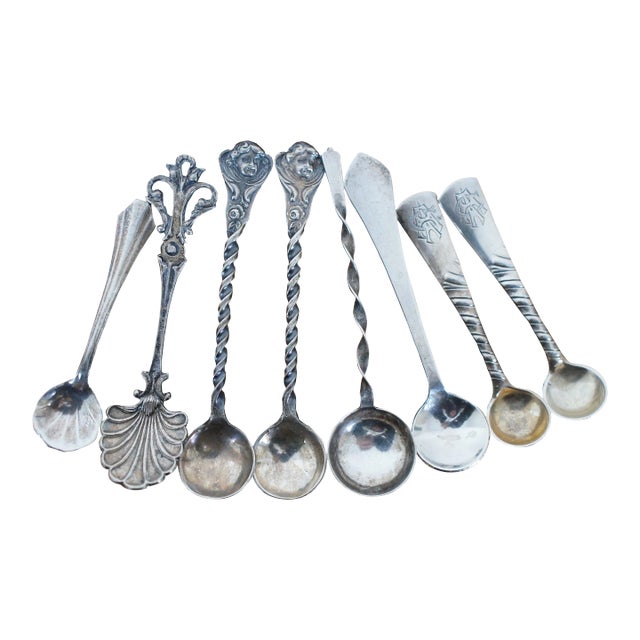 Antique Assorted Twisted Sterling Silver Salt Mustard Spoons 25g- Set of 8 For Sale