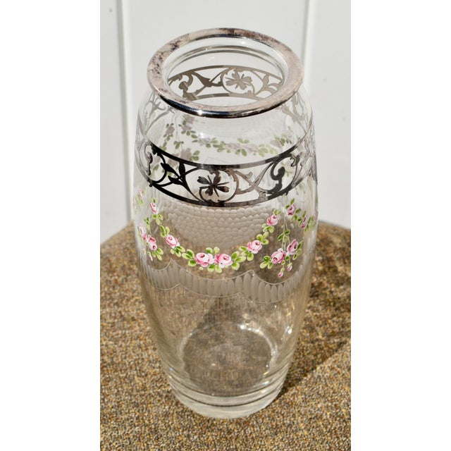 Antique Bohemian Etched Glass Vase W/Floral Enamel and Sterling Silver Overlay For Sale - Image 13 of 13