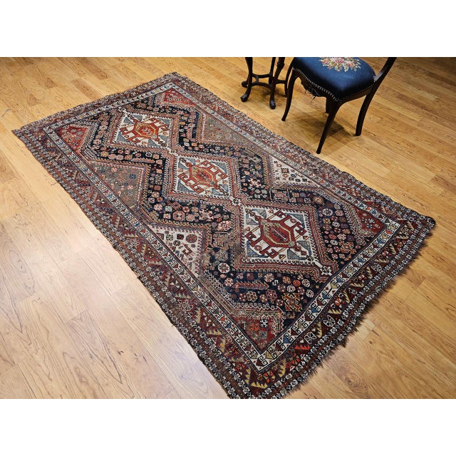 Vintage Persian Qashqai Tribal Area Rug, Hand-Knotted Wool, Geometric Medallions, 4x7, Navy & Red For Sale - Image 4 of 18