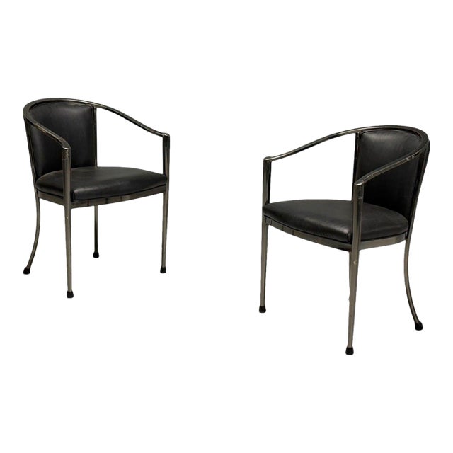 Karl Springer Style, Mid-Century Modern, Gunmetal, Leather, Armchairs, 20th Century - Set of 2 For Sale