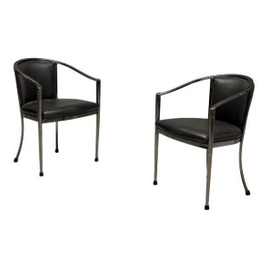 Karl Springer Style, Mid-Century Modern, Gunmetal, Leather, Armchairs, 20th Century - Set of 2