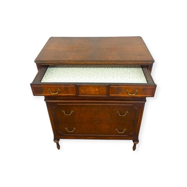 Vintage Traditional Burl Wood Tallboy Dresser With Floral Inlay and Pattern-Lined Drawers. For Sale - Image 11 of 13