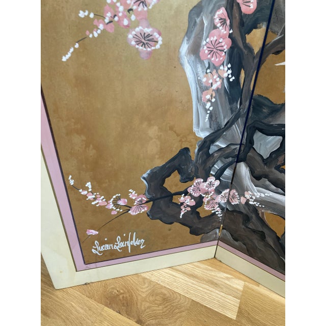 Mid-Century Japanese Style Hand Painted Four-Panel Screen by Lucien Leinfelder For Sale In Oklahoma City - Image 6 of 13