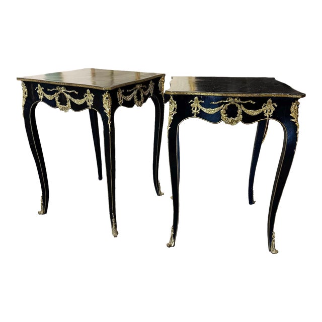 Pair Italian Style Black Side Tables Set With Bronze Details For Sale
