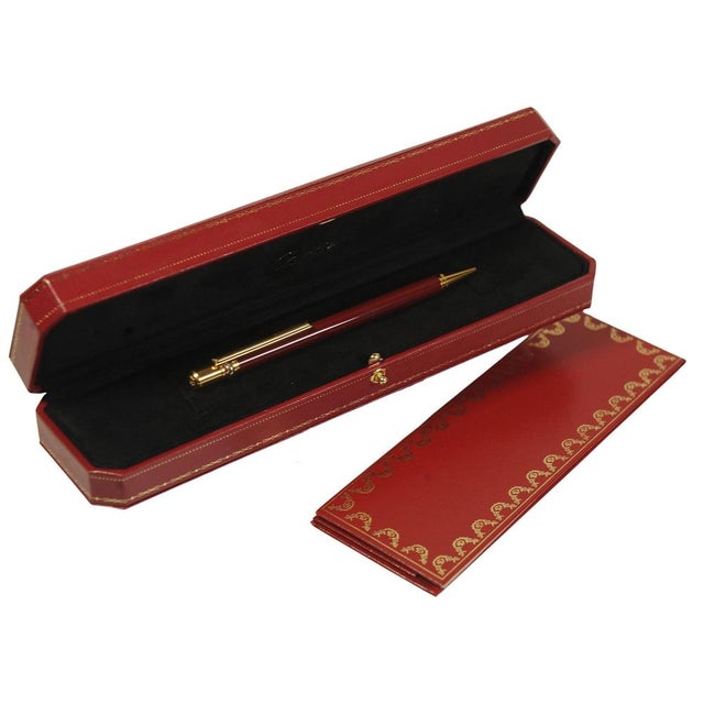 18 Karat Gold-Plated and Red Lacquered Ballpoint with Box from Cartier, 1980s, Set of 2 For Sale - Image 11 of 11