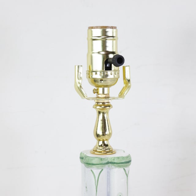 Vintage Hand-Painted White and Green Faux Bamboo Table Lamps - a Pair For Sale In New York - Image 6 of 10