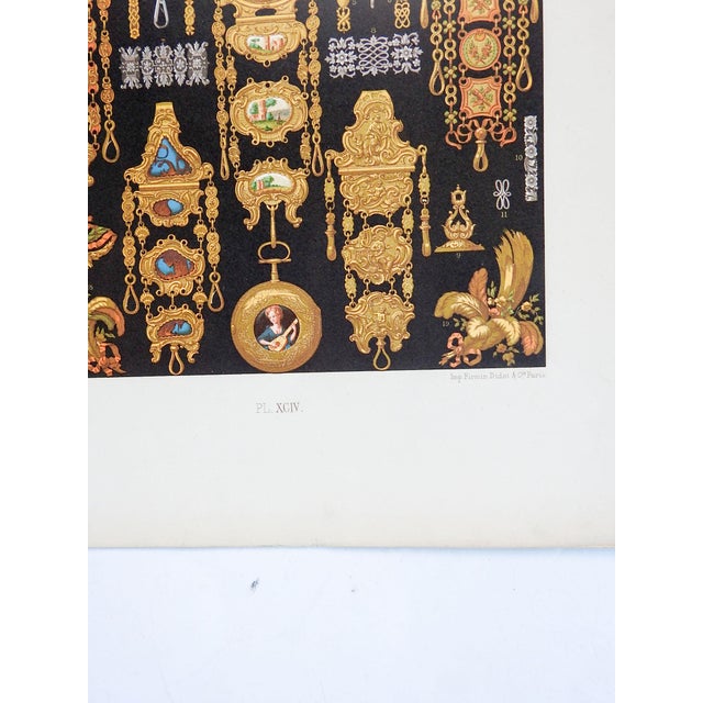 Antique 1880's French color lithograph of 17th and 18th century jewelry. In black and metallic gold. Published by Firmin...