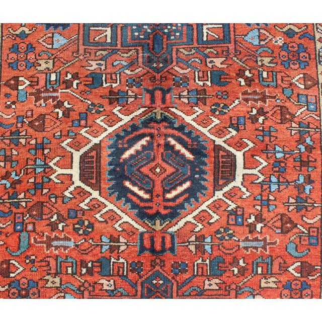 1920s Antique Persian Karajeh Rug With Three Geometric Medallions in Rust & Blue For Sale - Image 5 of 8