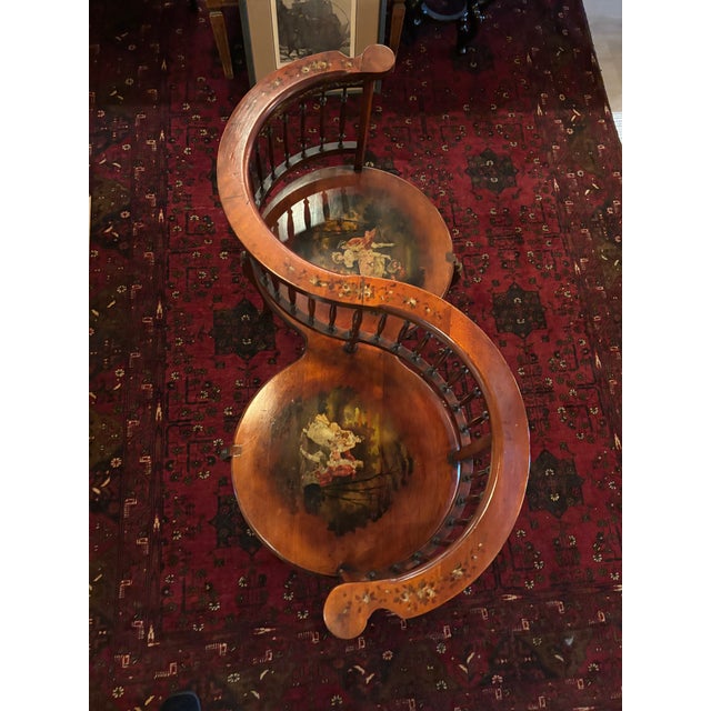 Antique Victorian Mahogany Tête-À-Tête Bench With Hand-Painted Panels & Ormolu Mounts [RGre] For Sale - Image 4 of 9