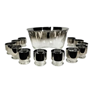 Dorothy Thorpe Punch Bowl Set Mid Century Glassware Barware Set of 12 - total 14pcs