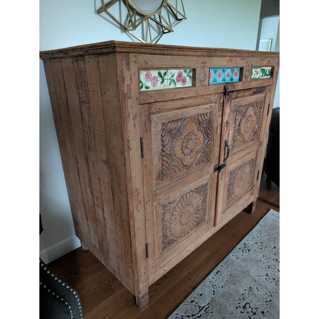 Stunning Antique Indonesian Carved Teakwood Cabinet With Majolica Ceramic Tiles For Sale - Image 13 of 14