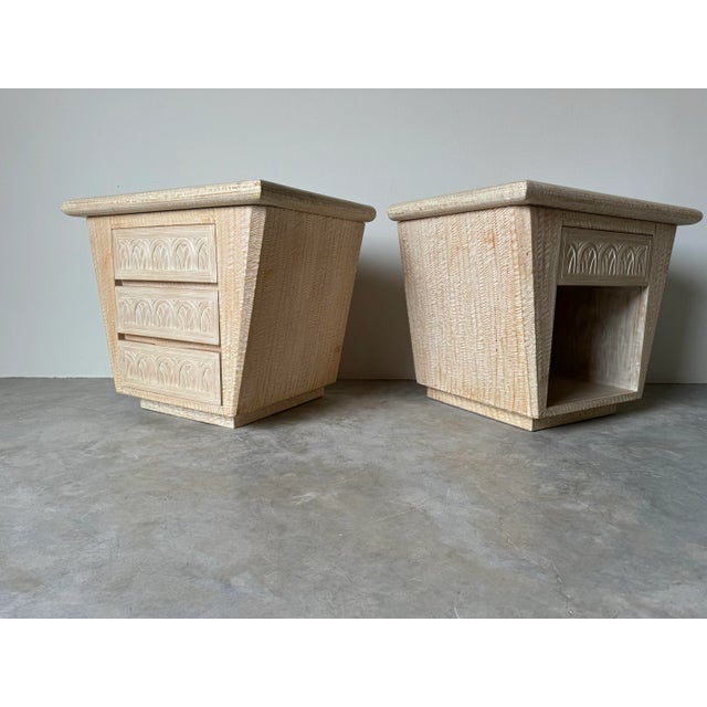 We are delighted to offer for sale this stunning pair of Vintage organic textural hand-carved wood nightstands by luxury...