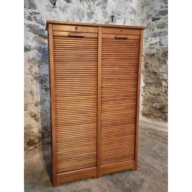 Vintage French Tambour Cabinet in Oak, 1960s For Sale - Image 16 of 18