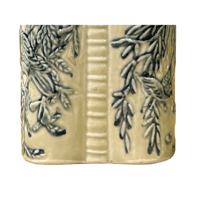 Cream Celadon Porcelain Blue Flower Graphic Cylindrical Container For Sale - Image 12 of 12