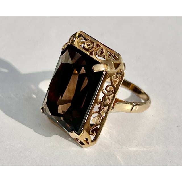 Mid-Century Modern Smoky Topaz 14k Yellow Gold Cocktail Ring Size 6.5 For Sale - Image 3 of 8