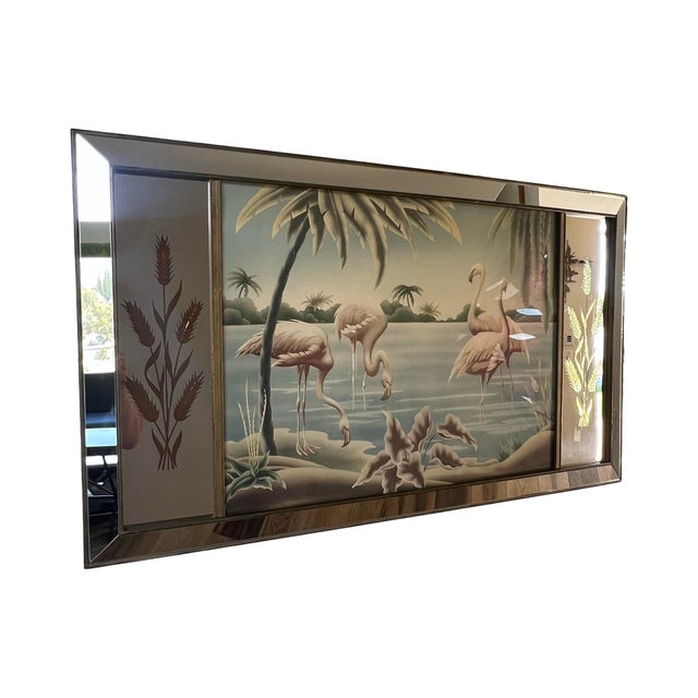 Art Deco Vintage Art Deco Mid Century Rare Turner Wall Mirror Flamingo Art Painting 1940s Lithograph For Sale - Image 3 of 12