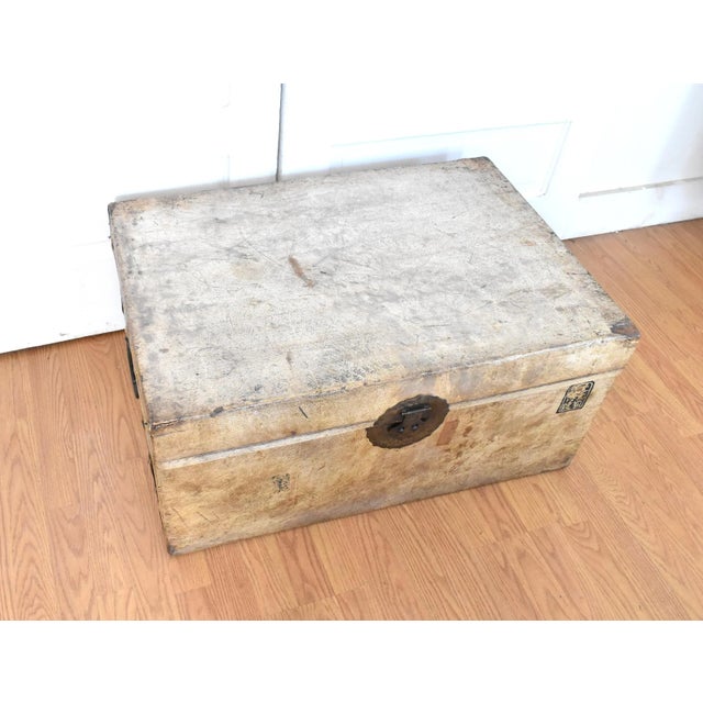 1900s Chinese Import Leather Parchment Traveling Trunk For Sale - Image 6 of 13