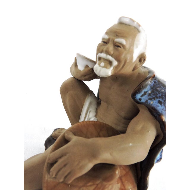 1980s 1980's Chinese Shiwan Figure of the Elderly Rice Field Worker With. Blue Cape and Hat, Garden Ornament Figure For Sale - Image 5 of 6