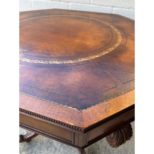 Antique English Regency-Style Drum Table Is Constructed From Mahogany Wood and Features an Octagonal Leather Top With Gold Tooling For Sale - Image 9 of 10