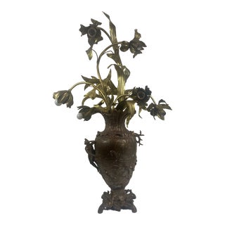 1920s French Art Nouveau Brass Floral Lamp With Cooper Metal Sculpted Vase For Sale