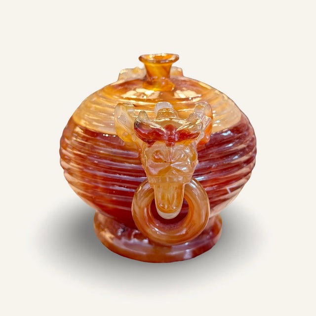 19th Century Carved Asian Carnelian (Agate) Vessel With Dragon Handles and Rings For Sale - Image 4 of 8