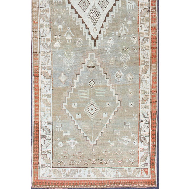 Kurdish Antique Runner With Tribal Design in Light Green, Taupe & Orange-Red 3'6 X 10'9 For Sale - Image 11 of 13