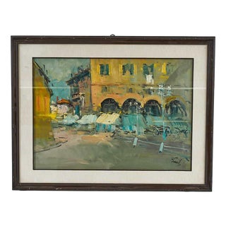 Renzo Piccoli, Colored Fresco of Market, Oil on Canvas, Framed For Sale