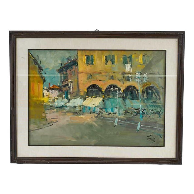 Renzo Piccoli, Colored Fresco of Market, Oil on Canvas, Framed For Sale