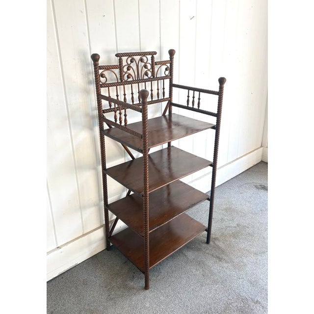 Antique arts & crafts twisted wood 4-tier etagere/bookshelf. Some minor surface wear to wood in a few spots as shown....