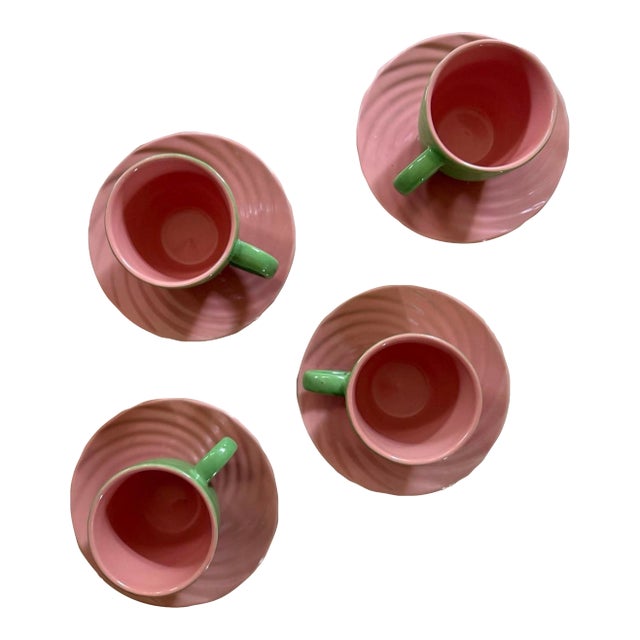 1950s Set of Four (4) MCM Teacups With Saucers in Pink and Green For Sale