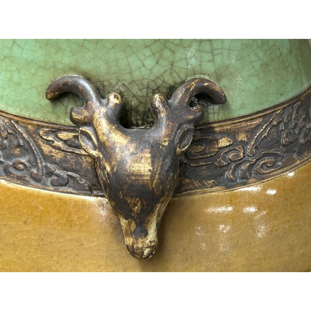 Orient Crackle Green Dragon Motif Ram Heads Artistic Pottery Ceramic Vase For Sale - Image 15 of 15