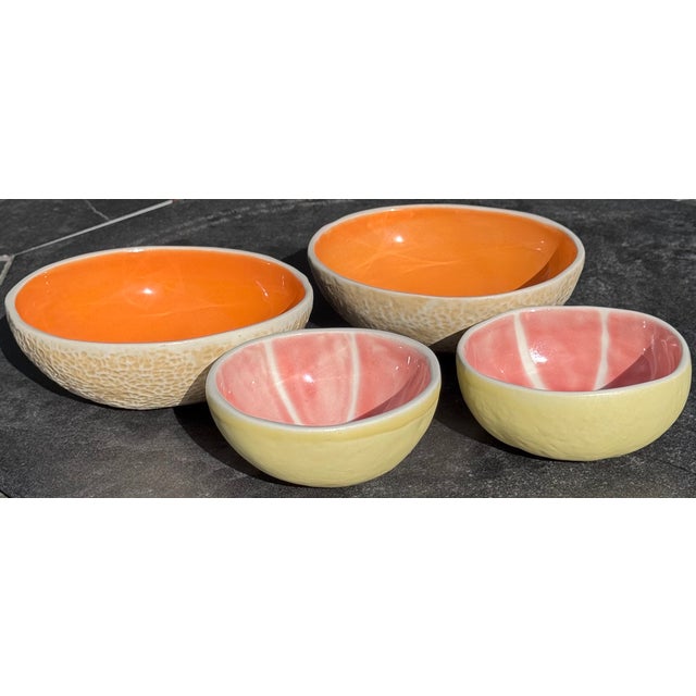 Set of Four Melon & Citrus Majolica Style Trompe L’Oleil Bowls For Sale - Image 9 of 11