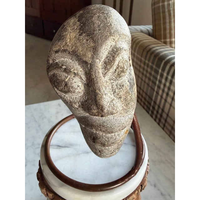 1970s Surrealist Carved Stone Face Sculpture Steel Base Tribal Style Raw Wood Pedestal For Sale - Image 5 of 17