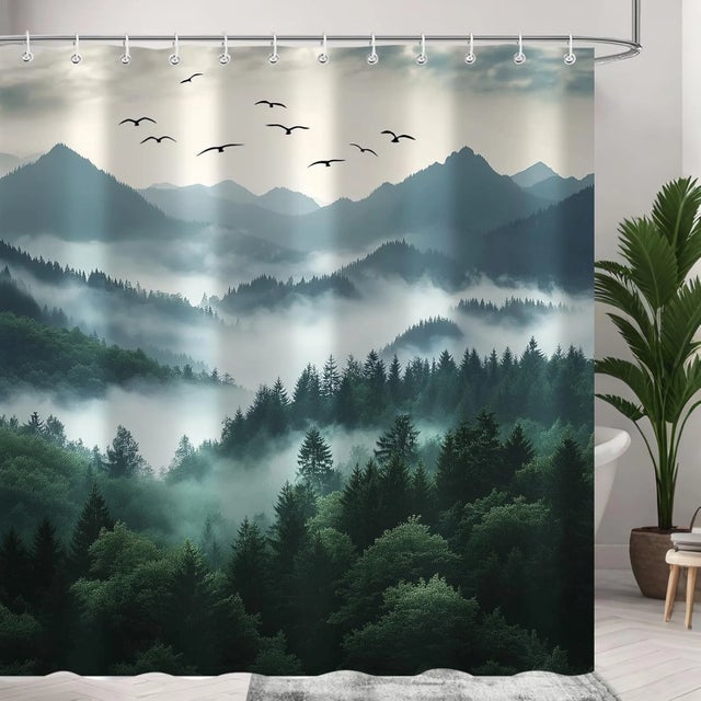 Green Mountain Forest Shower Curtain, Rustic Woodland Trees, Waterproof, 72x72 For Sale - Image 4 of 7