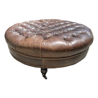 Chesterfield-Style Round Chocolate Leather Ottoman-Vintage For Sale